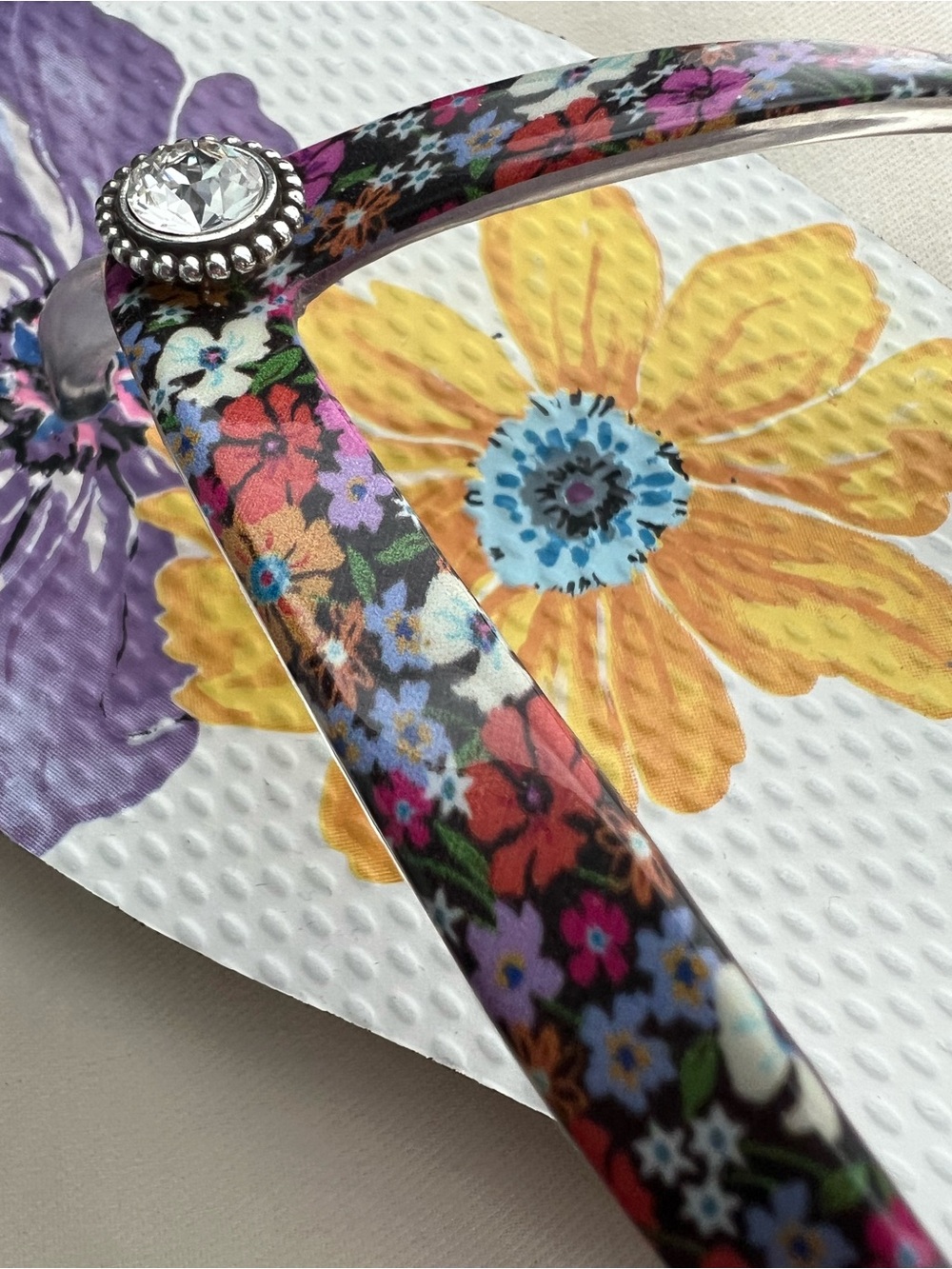 Brighton Floral Flip Flop Sandals in Purple, Yellow & Red - Picture 7 of 10